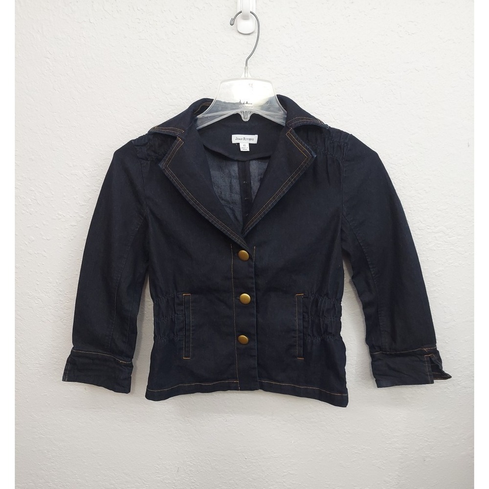 Joan Rivers Denim Jacket Womens XS Blue Dark Wash Gold Buttons Jean Stretch‎